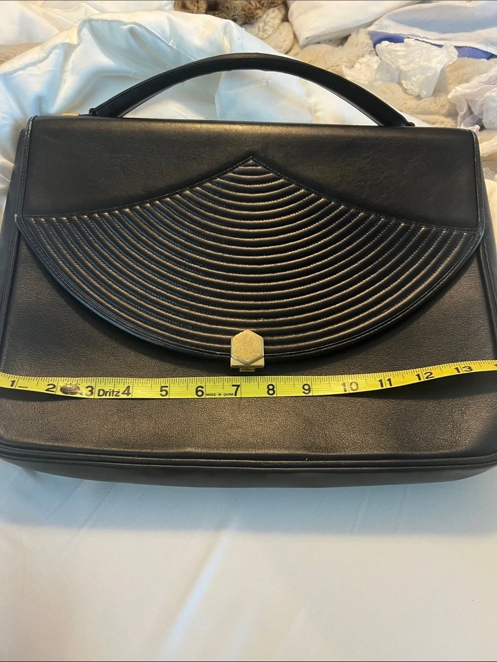 Vintage Revillon Paris Black Leather Top Handle Bag Made in France Gold Crest